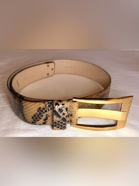 Tarnish Snakeskin Print Genuine Leather Belt Gold Buckle Size M